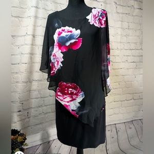 SLNY Fashions Sleeveless Beed Embellished Chiffon Overlay Cape Dress